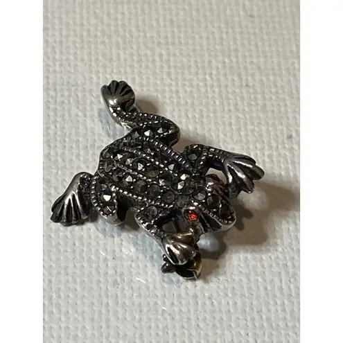 Vintage Two Silver Marcasite Frog Pins with Red Glass Eyes