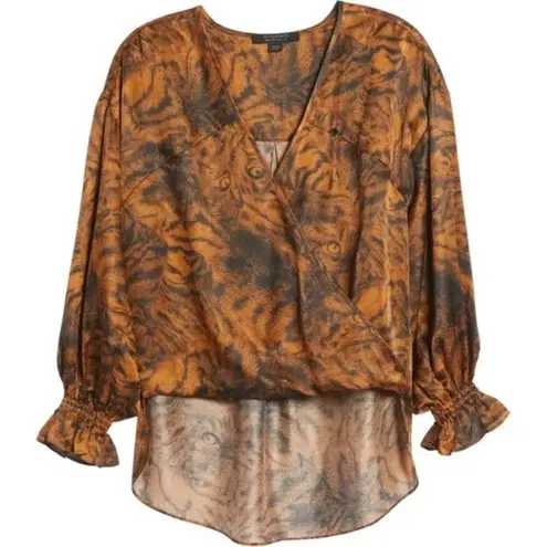 ALLSAINTS NWT Penny Grizedale Cat Print Silk Blouse Copper Black Size 0 | XS NEW