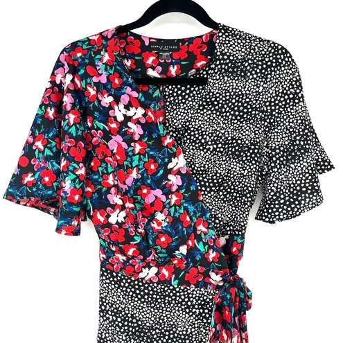 simply styled Vintage Mixed Print Wrap Dress Flutter Sleeve Floral Polka Dot S