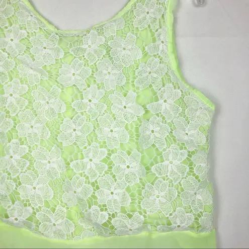Y2K Vintage JULYS Womens Top Medium Lime Chiffon Floral Lace Cropped Beachy Green