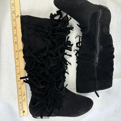 Black Suede Leather Fringe Slouch Boots Womens 6 Boho Western Festival Style