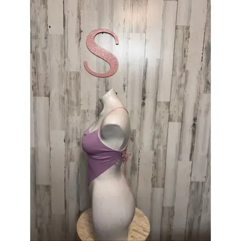 Lavender Ribbed Lace Up Back Bodysuit Size Small Purple Ruched Front One Piece