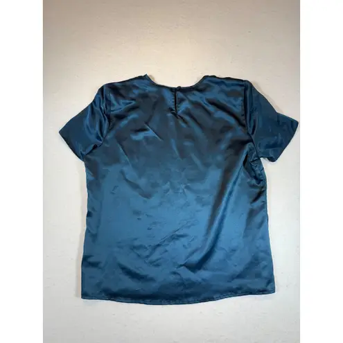 Liz Baker Teal Satin Short Sleeve Keyhole Neck Blouse Top Women's Size 14