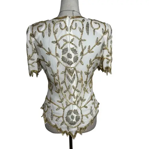 Laurence Kazar Vintage Lawrence Kazar Beaded Silk Top Ivory Gold M | Holiday NYE Glam Party
