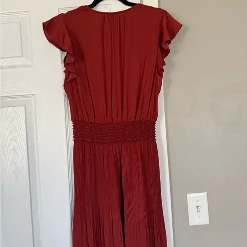 Current Air Smocked Pleated Jumpsuit Satin Women V-Neck Orange Rust Cap Sleeve