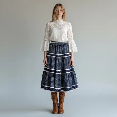 Gunne Sax Vintage 70s Tiered Floral Midi Maxi Prairie Skirt XS Bohemian Cottage