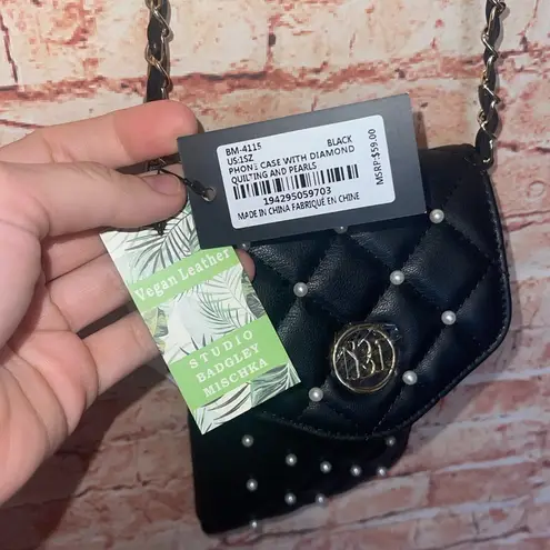 Badgley Mischka | Black Diamond Quilted with Pearls Phone Case Crossbody Bag
