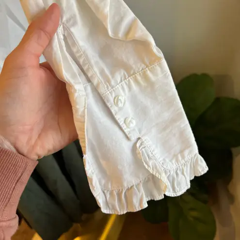 Oversized 90s White 100% Cotton Ruffled Collared Long Sleeve Shirt Size Medium