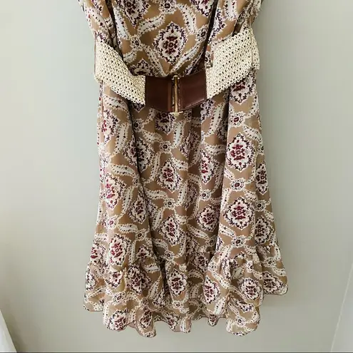 Vanity Floral Print Ruffle Dress Tan Sz Medium