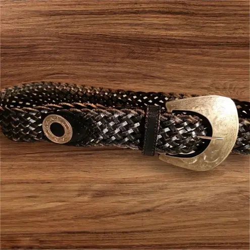 90s Vintage Womens 100% Leather Chunky Braided Elephant Engraved Belt sz M/L Brown