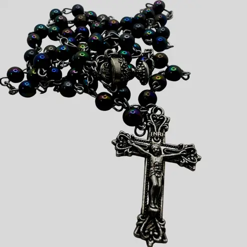 Vintage Black Iridescent Glass Bead Rosary, Catholic Prayer Beads, Crucifix