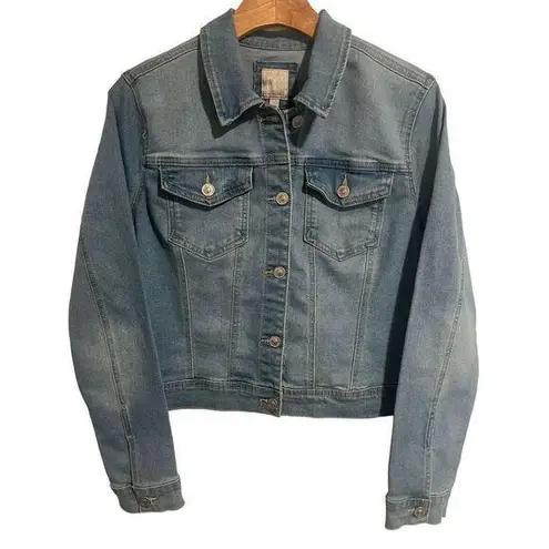 Wax Jean Jacket Womens Medium Denim Trucker Blue Stretch Buttons Long Sleeve NEW