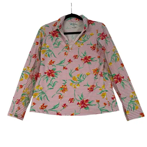 IBKUL Shirt Womens Small Floral Stripes Print Long Sleeve Zip Mock Neck Top UPF