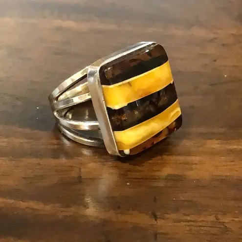 Artisan Sterling Silver Striped Bezel Set Maple & Honey Colored Amber Ring Sz 7