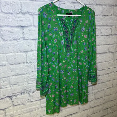 J.Jill WEAREVER XL Split Neck Green Paisley Popover Casual Tunic Blouse Tunic