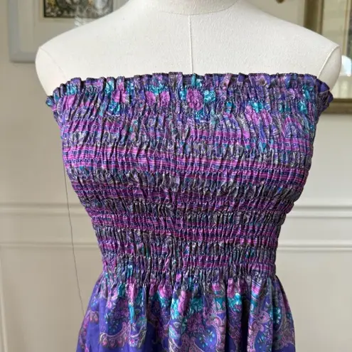 Vintage 80s Purple Strapless Smocked Top Sun Dress S