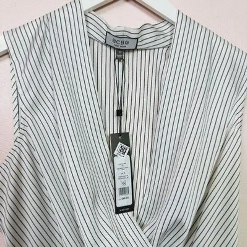 BCBG White and Navy Sleeveless Pinstripe Wrap Top, Size Small