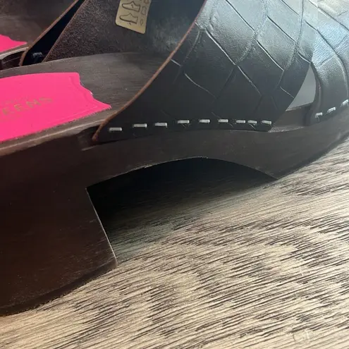 Swedish Hasbeens Wooden Slip-On Platform Sandal - Annette High Brown Croc