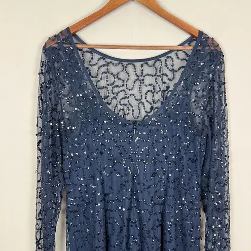 Papell Boutique Dress 16 Navy Blue Sequin Sheath Sheer Long Sleeve Cocktail Zip
