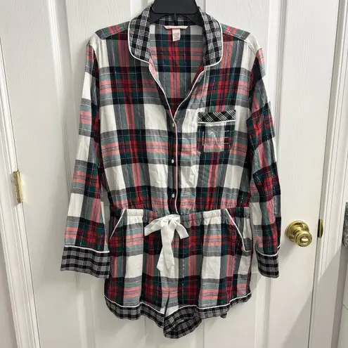 Victoria's Secret Victoria’s Secret Flannel Romper Holiday Pajamas Large Plaid Long Sleeve