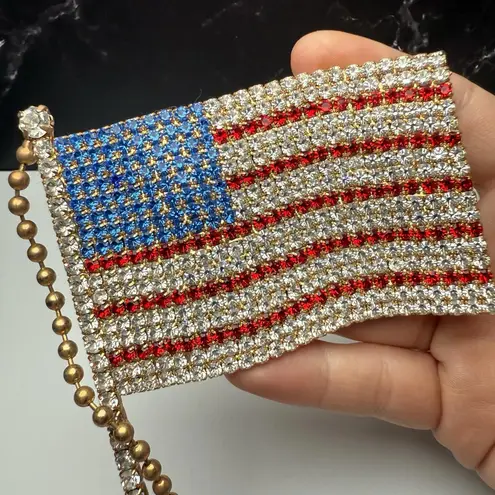 American Flag On Pole 5 7/8” Rhinestone Brooch Pin Gold Tone Large