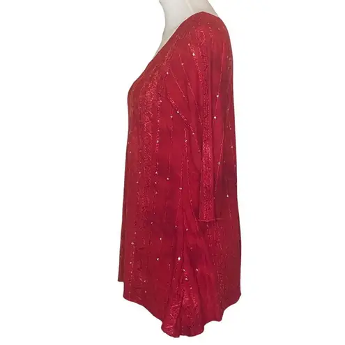 Pretty Red on Red Tie Dye Popover Top Sequin Embellishment Silky 3/4 Sleeve