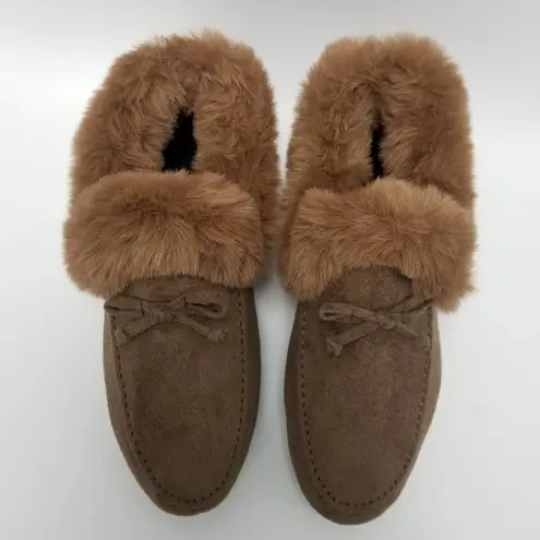 Moccasin Booties Womens Cognac Brown Bow Slip On Faux Fur Trim 8.5 New