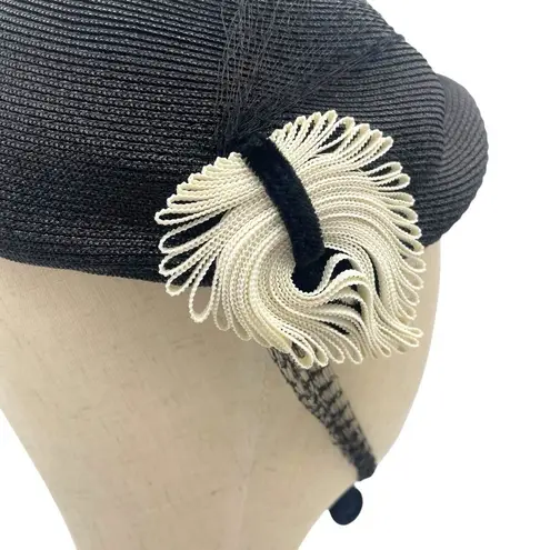 Vintage 50s Tilt Hat Black & Cream Straw Close Style Fascinator Black Mesh Veil