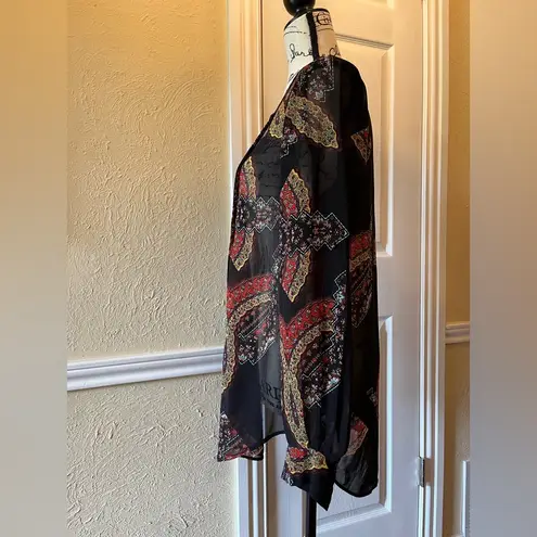 Daniel Rainn Split Neck Long Sleeve Sheer Tunic Blouse Black Scarf Print Size M