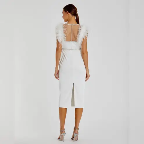 Mac Duggal White Feather Cap Sleeve Pearl Embellished Tea-length Fit Dress