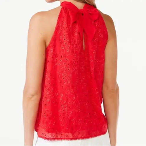 Sofia Vergara  Eyelet Pom Pom Keyhole Halter Top Blouse Red Women S Small 4-6 NWT