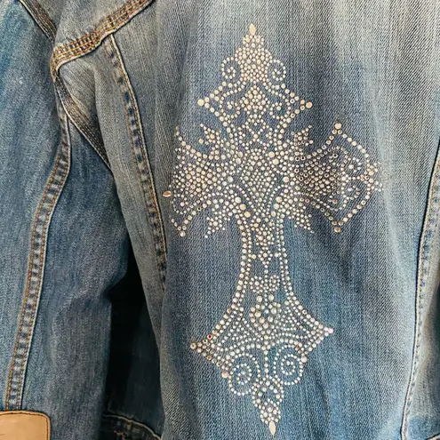 Old Navy Y2K  Denim Blue Jean Cotton Jacket Back Bedazzled Silver Sparkle Cross