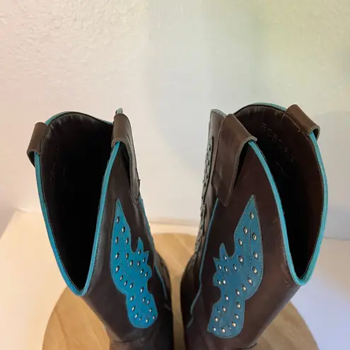 BCBG Y2K Brown Genuine Leather Studded Western Turquoise Boots Size 8.5