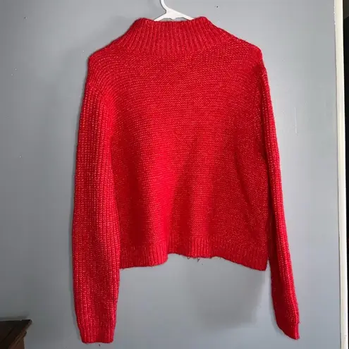 Loft Cropped Turtleneck Cable Knit Wool Blend Cozy Sweater Crimson Fire Red Lg