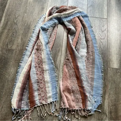 prAna Mae Scarf Wrap Fringed Striped Tan Blue Cream Multicolored 100% Wool