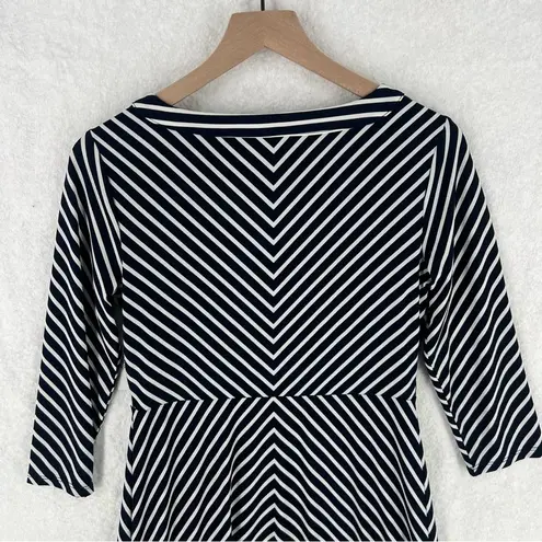 Roz & Ali Nautical Navy Blue White Striped Stretch Jersey Knit Keyhole Dress