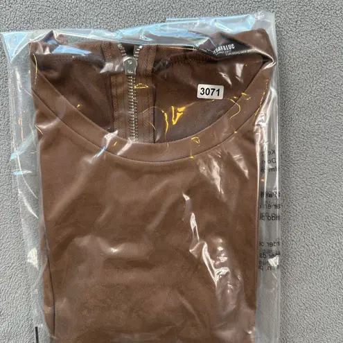 ZARA  Trafaluc Top Womens L Brown Faux Suede Zip Back Short Sleeve Textured NWOT