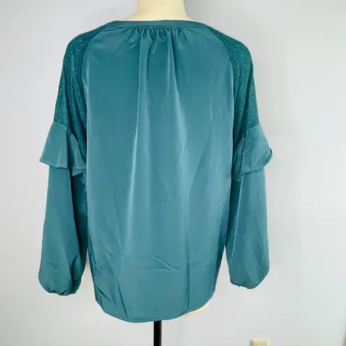 H by Halston Blouson Sleeve Tie Neck Top with Lace Inserts- Tide- XL- NWT