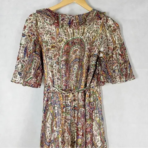 Sézane Paula Metallic Shimmer Silk Midi Dress Paisley Size US 2
