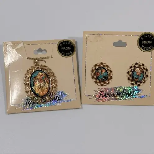 Vintage 14K GP Rainbow Flake Turquoise Pendant Necklace & Earrings Set Blue