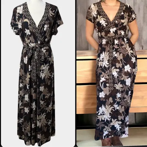 Croft & Barrow  Floral Maxi Long Dress Faux Wrap Style Size XL Belted Office