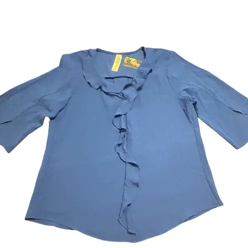 Blooming Jelly Women's Blue Ruffle Front 3/4 Sleeve Blouse Top