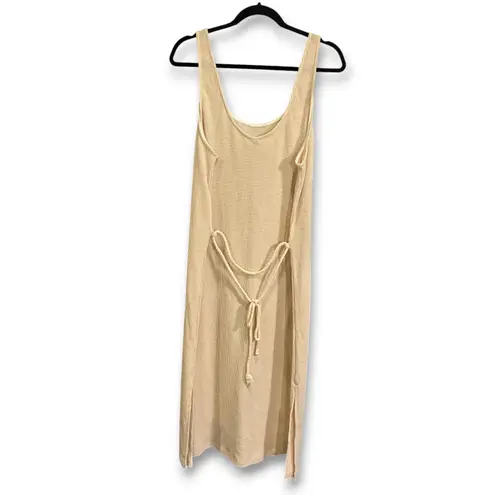 EUC VER Knit Maxi Dress Tank Style Beige Ribbed Drawstring Sides Slits XL Tan