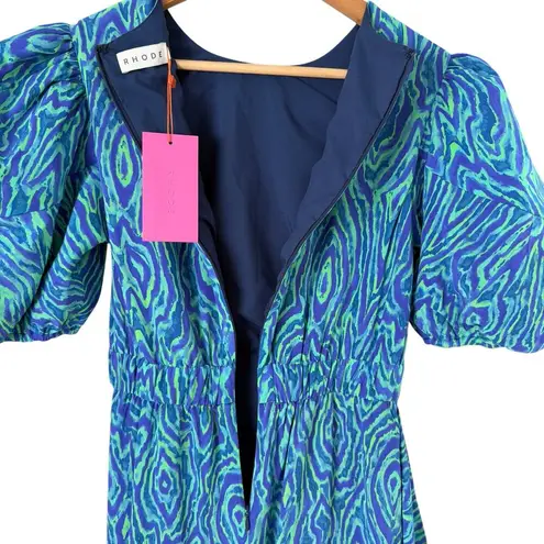 NWT Rhode Pia Mini Dress in Green and Blue Electric Moire Print, Size 0