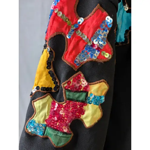 Vintage Gantos Hong Kong Puzzle Piece Appliqué Bomber Jacket 100% Cotton L Black Size M