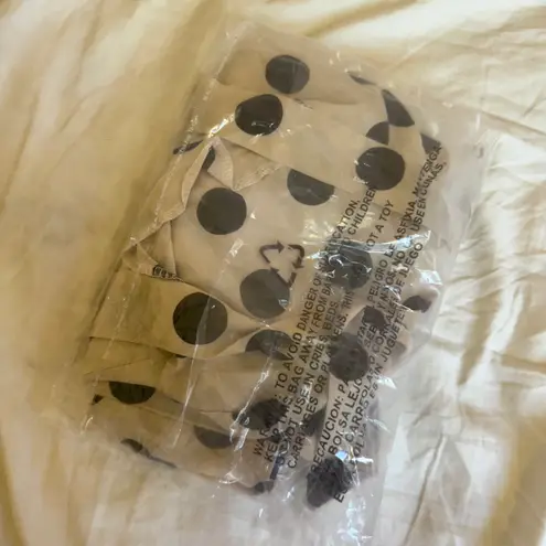 New Cream Beige & Black Polka Dot Self Tie Long Sleeve Blouse Size Medium Tan