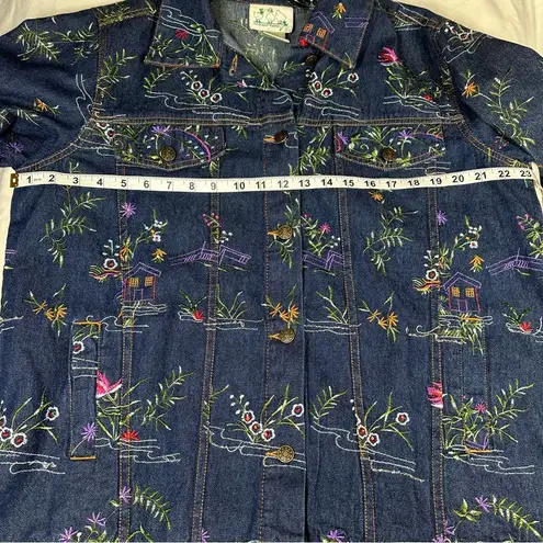 Quacker Factory Jacket Embroidered Floral Blue Denim Jean Trucker Women's Size L