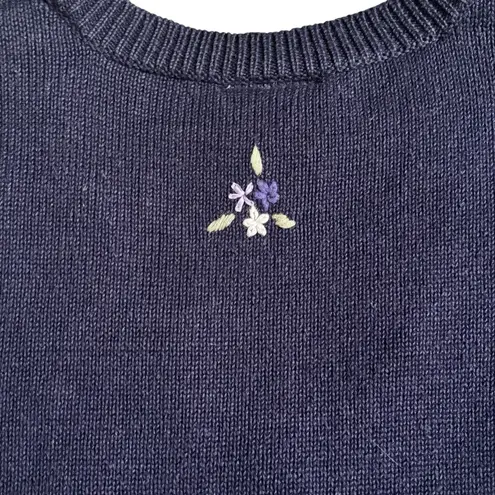 Northern Reflections Vintage Navy Embroidered Floral Knit Kitty Sweater Vest Lg