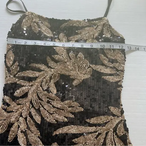Akira Sequin cami Mini Bodycon dress black gold leaf pattern small