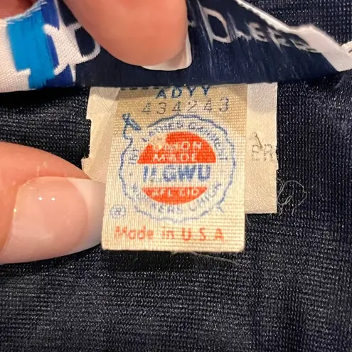 VTG 80s Lace Bow Tie Graphic Pattern Belted Dress SZ M Mad Men Doiley Unique Blue Size M